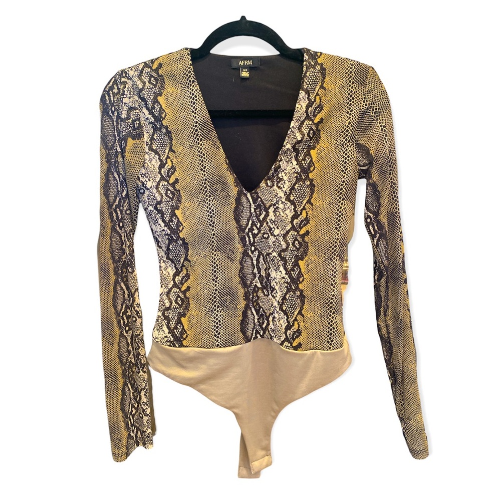 AFRM | Women’s | Snakeskin Bodysuit | Stretch Olive V-neck
